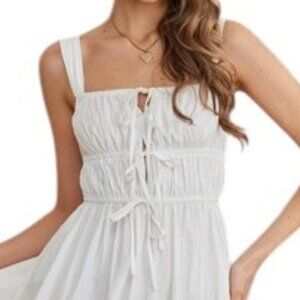 Casual White Summer Dress Front Tie Tiered L